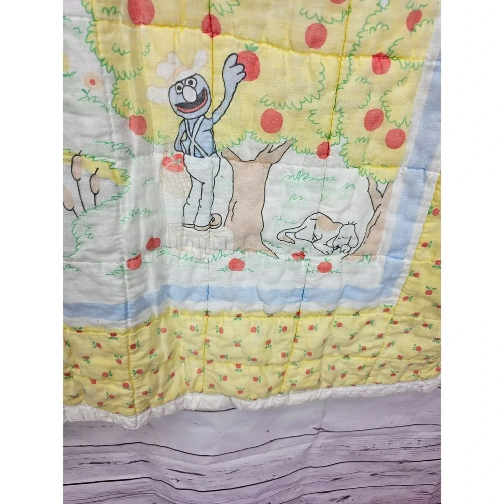 Vintage Sesame Street crib Quilt 42x32 Handmade Farm Theme Yellow Floral edging,
